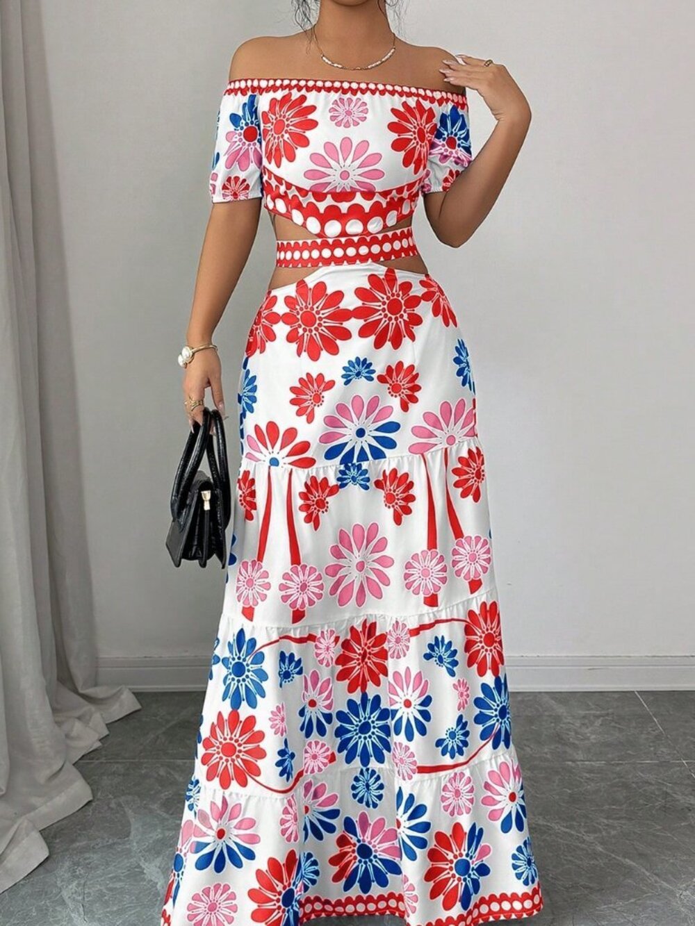 Boho Women's Casual Floral Print Off Shoulder Tie-Waist maxi Dress - Picture 5 of 7